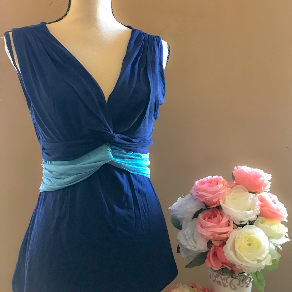 Dark blue Bebe blouse with light blue tie